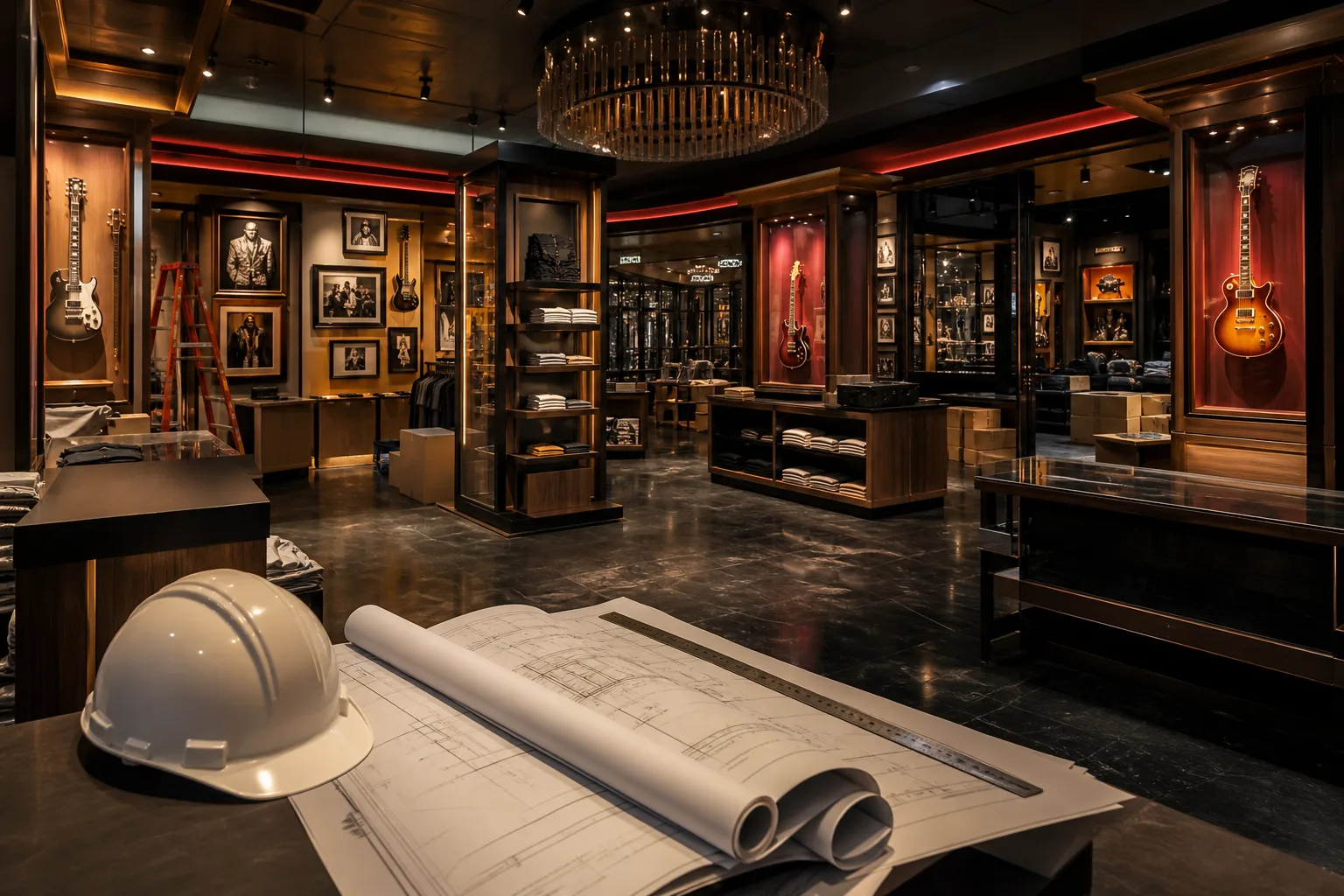 Rock-and-roll themed hotel retail shop under renovation, with guitars on the walls and architectural plans and a hard hat on the counter