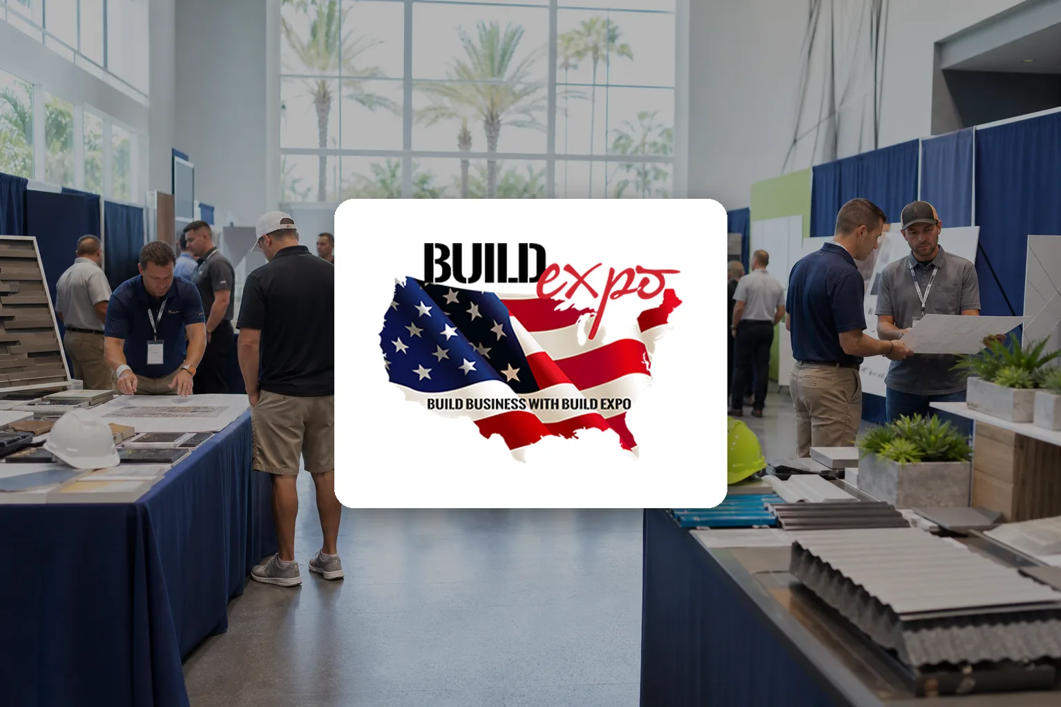 Build Expo logo over a busy construction trade show floor
